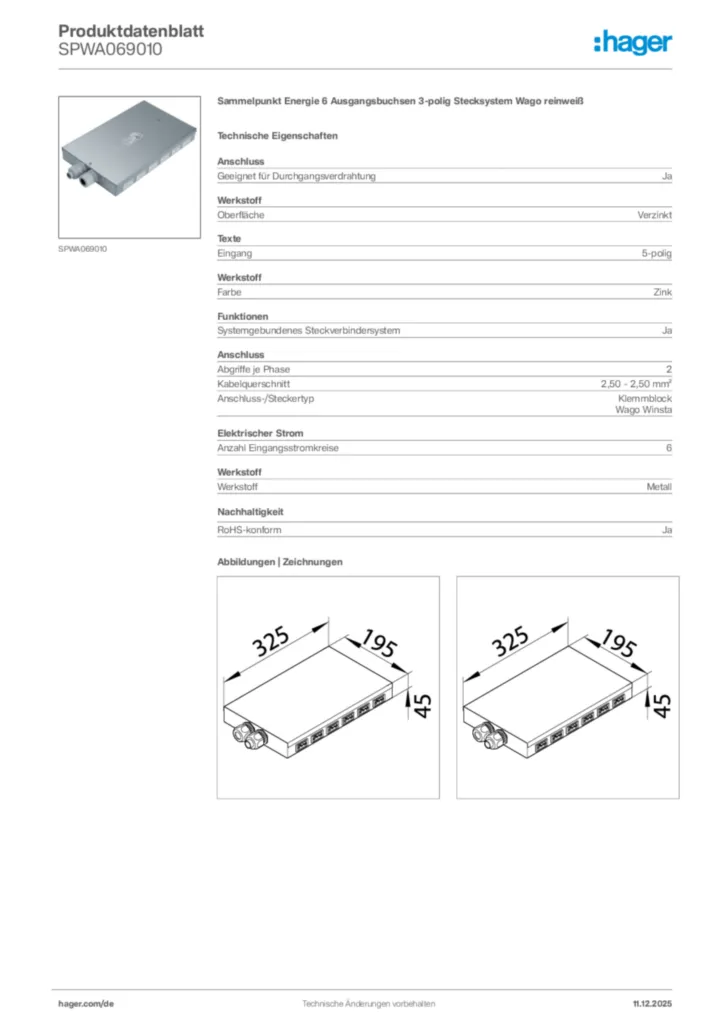 Bild Hager Produktdatenblatt SPWA069010 | Hager Deutschland