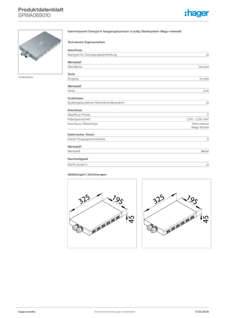 Bild Hager Produktdatenblatt SPWA069010 | Hager Deutschland
