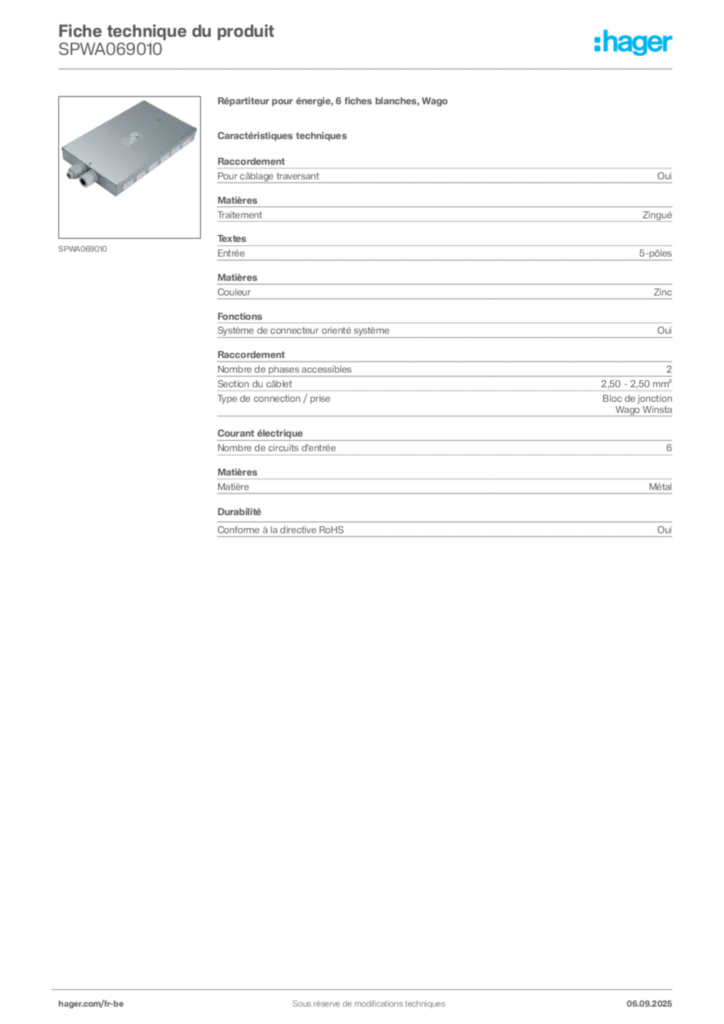 Image Hager Fiche technique du produit SPWA069010 | Hager Belgique
