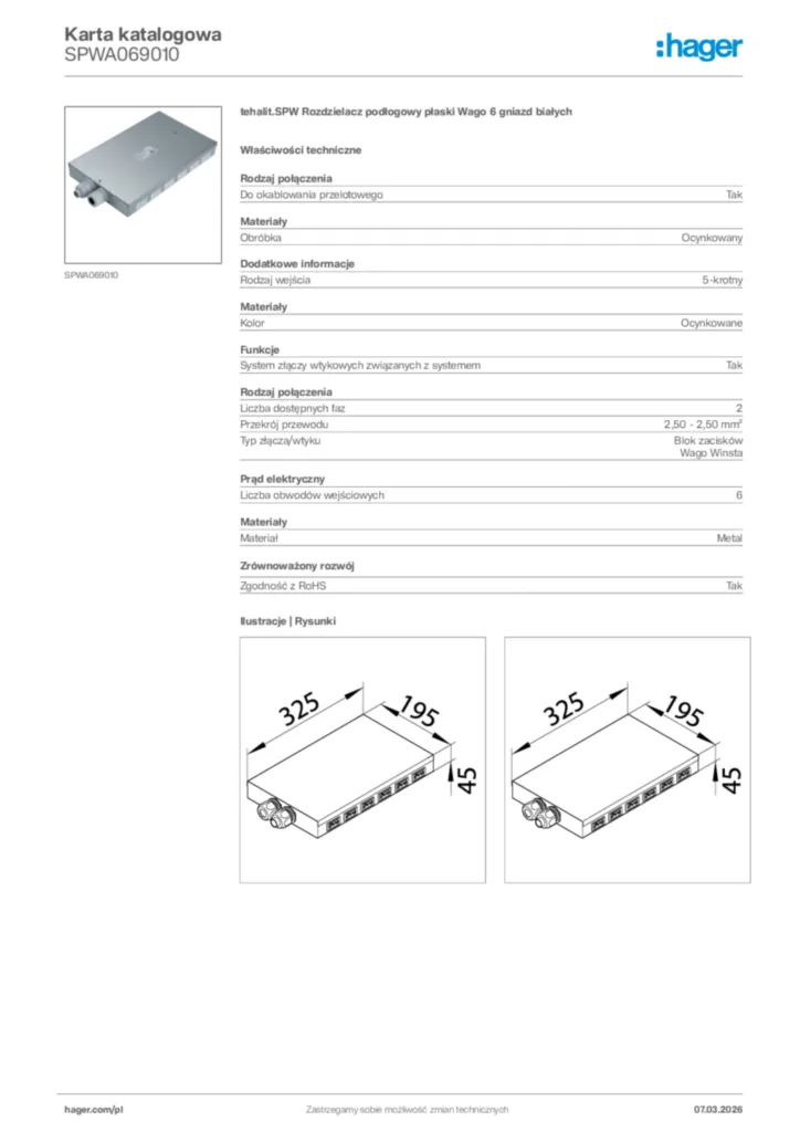 Zdjęcie Hager Karta katalogowa SPWA069010 | Hager Polska