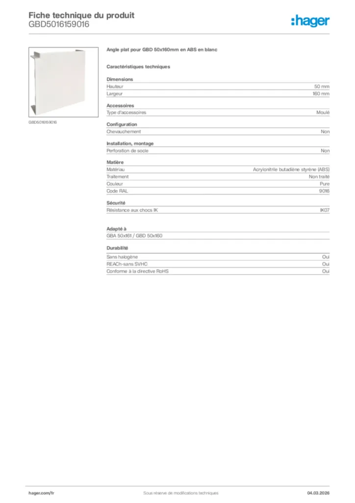 Image Hager Fiche technique du produit GBD5016159016 | Hager France