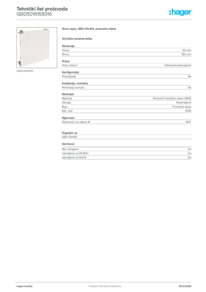 Slika Hager Product data sheet GBD5016159016  | Hager
