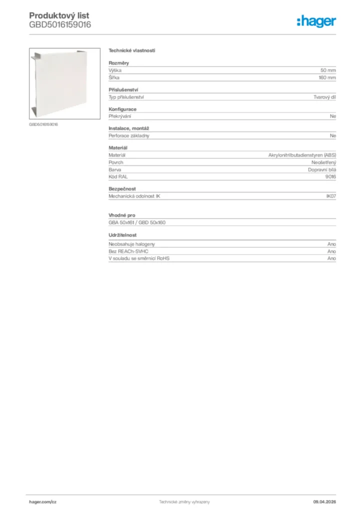 Obrázek Hager Product data sheet GBD5016159016 | Hager