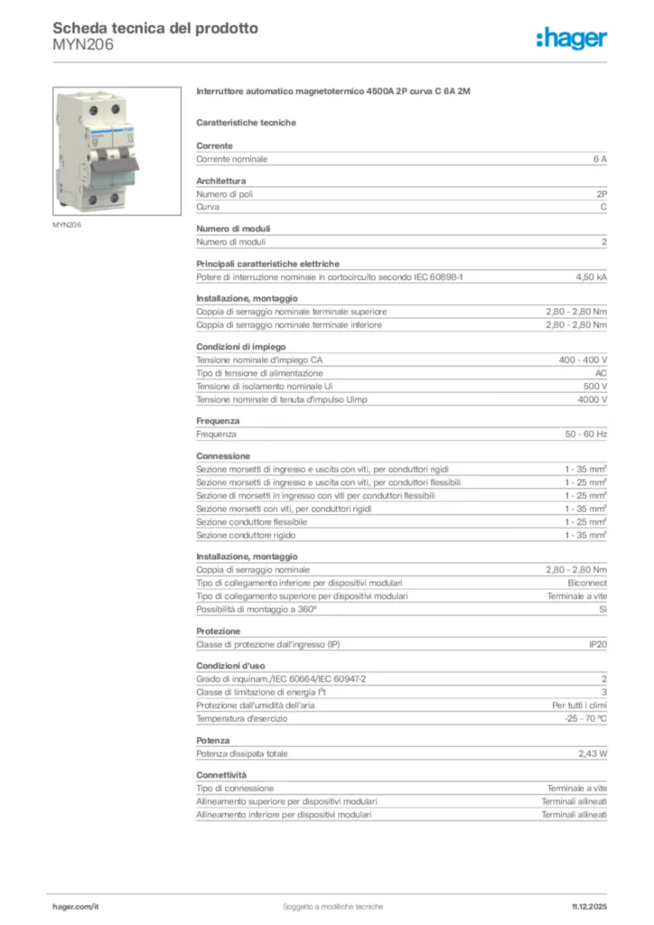 Immagine Hager Scheda tecnica del prodotto MYN206 | Hager Italia