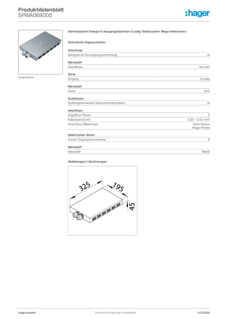 Bild Hager Produktdatenblatt SPWA069005 | Hager Deutschland