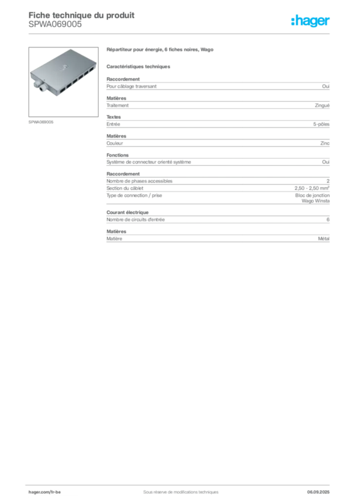 Image Hager Fiche technique du produit SPWA069005 | Hager Belgique