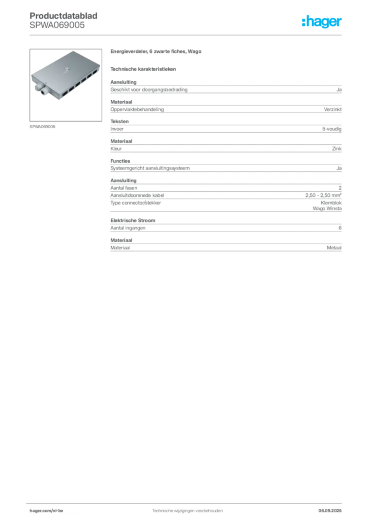 Afbeelding Hager Productdatablad SPWA069005 | Hager Belgium
