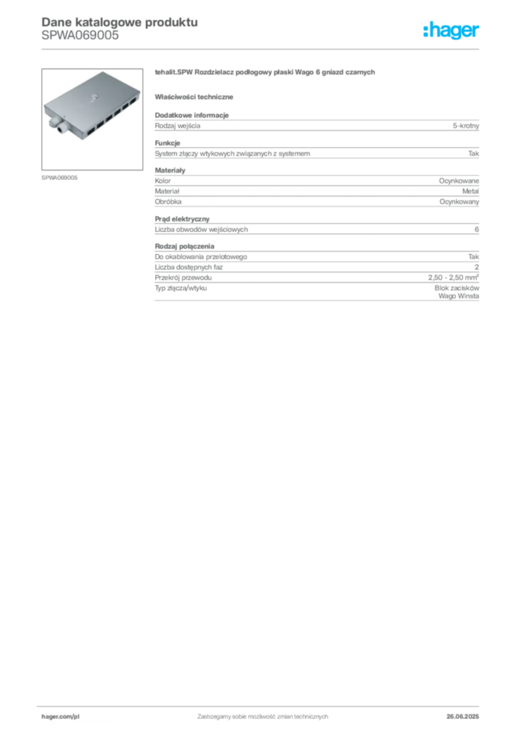 Zdjęcie Hager Dane katalogowe produktu SPWA069005 | Hager Polska