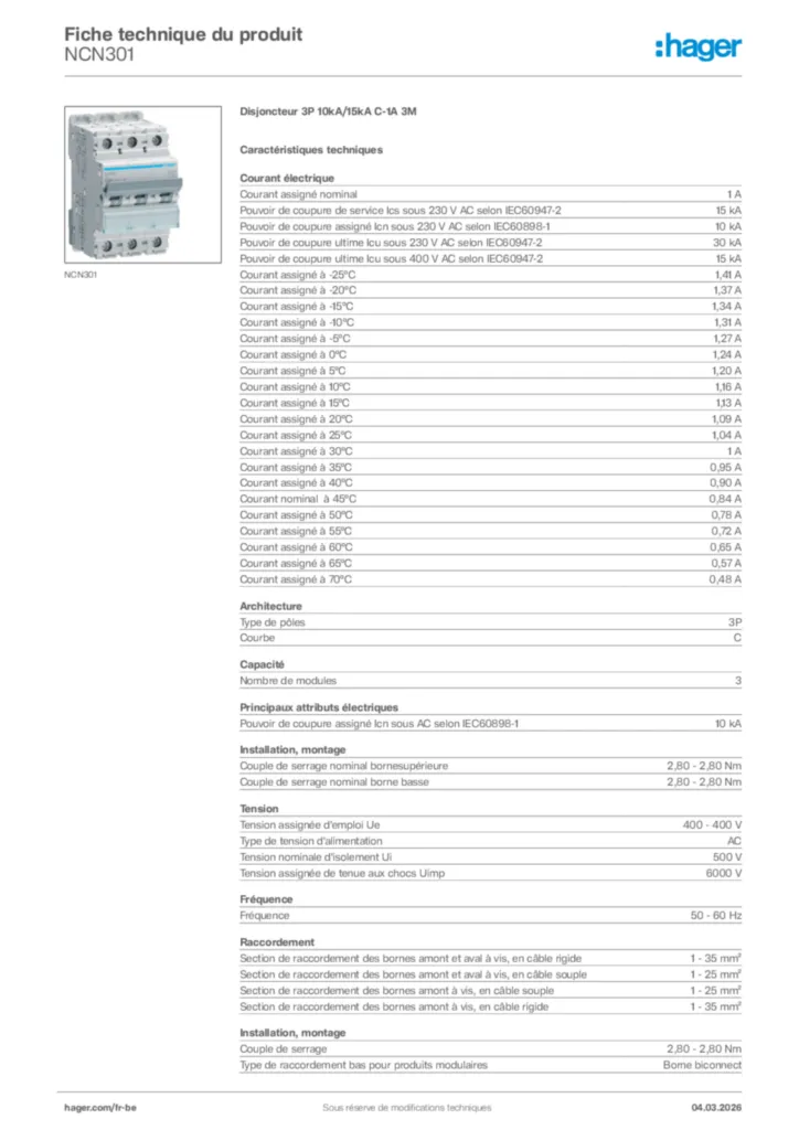 Image Hager Fiche technique du produit NCN301 | Hager Belgique