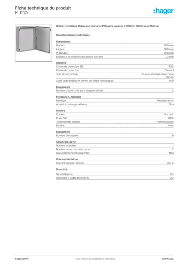 Image Hager Fiche technique du produit FL127A | Hager France