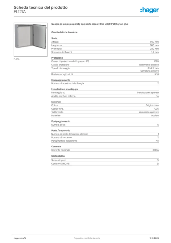 Immagine Hager Scheda tecnica del prodotto FL127A | Hager Italia