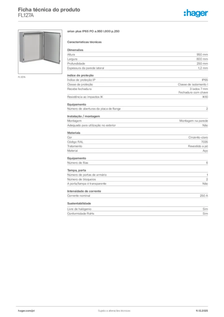 Imagem Hager Ficha técnica do produto FL127A | Hager Portugal