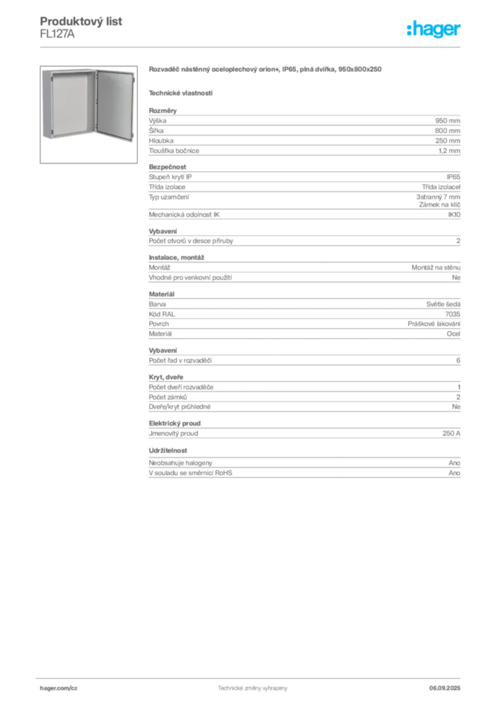 Obrázek Hager Produktový list FL127A | Hager