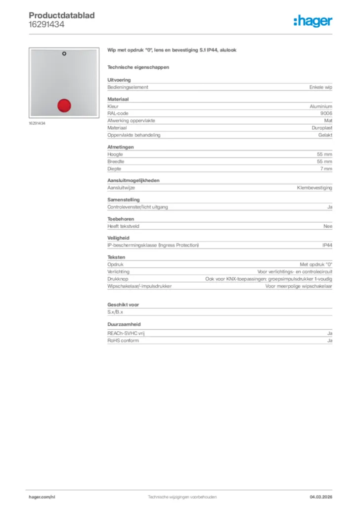 Afbeelding Hager Productdatablad 16291434 | Hager Nederland