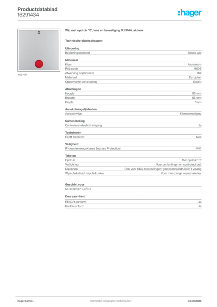 Afbeelding Hager Productdatablad 16291434 | Hager Nederland