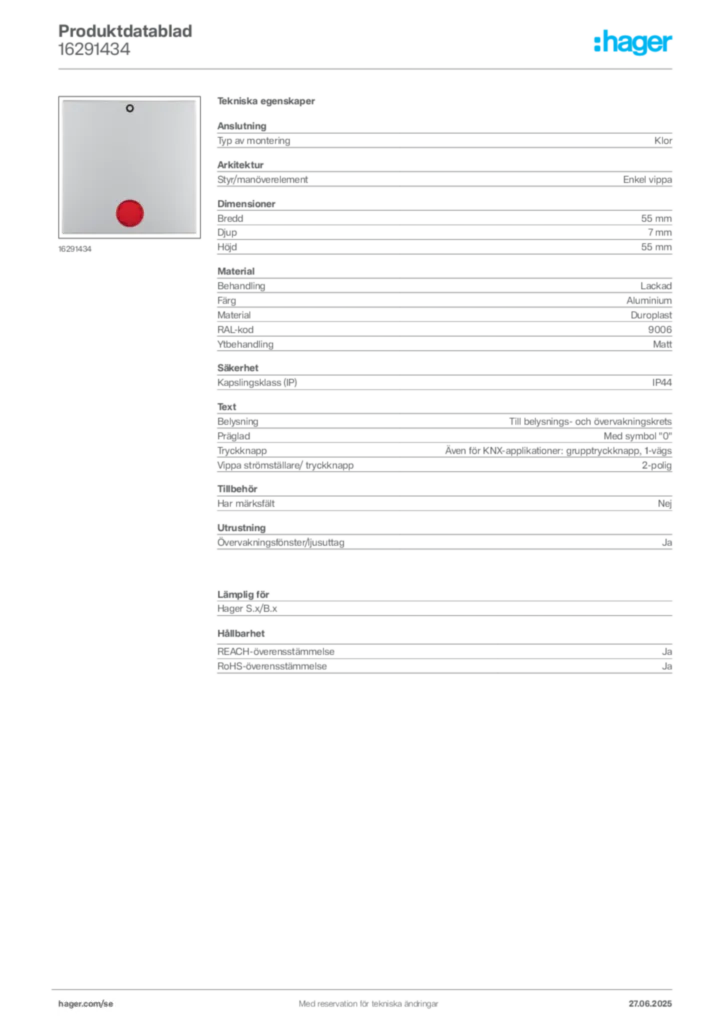 Bild Hager Produktdatablad 16291434 | Hager Sverige