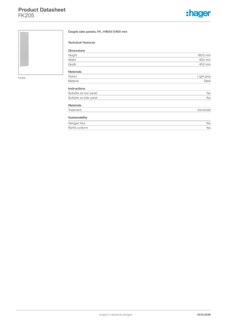 Image Hager Product data sheet FK205  | Hager UK