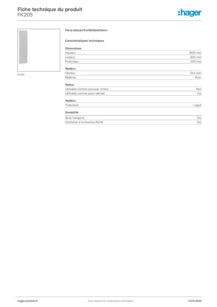 Image Hager Fiche technique du produit FK205 | Hager Afrique