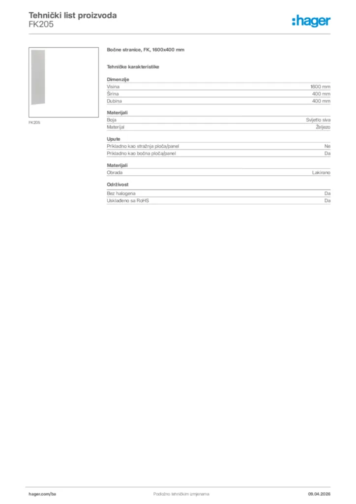 Slika Hager Tehnički list proizvoda FK205  | Hager