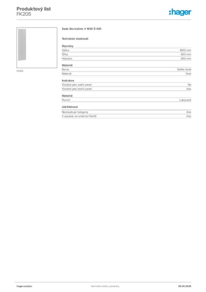 Obrázek Hager Product data sheet FK205 | Hager