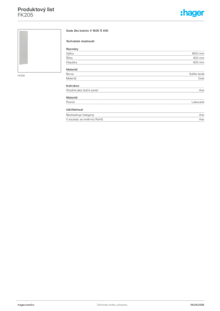 Obrázek Hager Produktový list FK205 | Hager