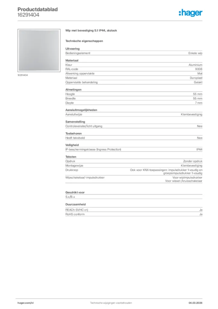 Afbeelding Hager Productdatablad 16291404 | Hager Nederland