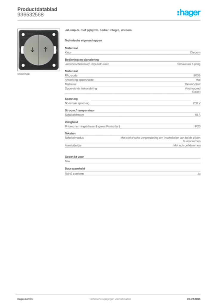 Afbeelding Hager Productdatablad 936532568 | Hager Nederland