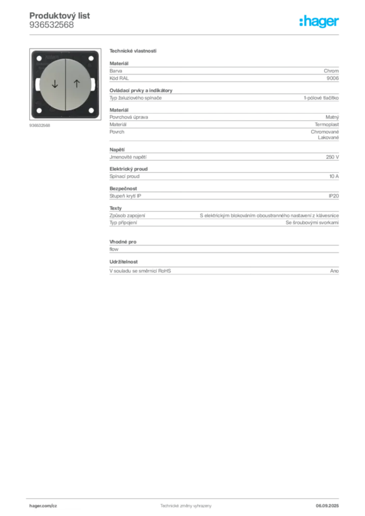 Obrázek Hager Produktový list 936532568 | Hager