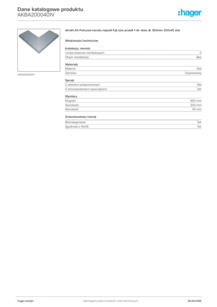 Zdjęcie Hager Dane katalogowe produktu AKBA2000401V | Hager Polska