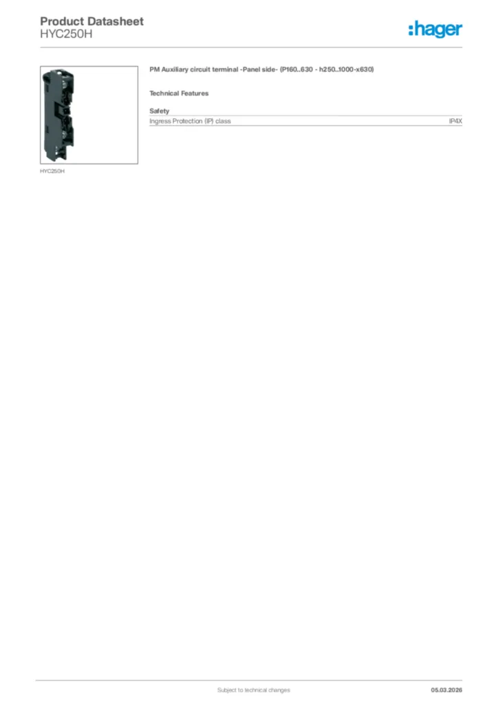 Image Hager Product data sheet HYC250H  | Hager Africa