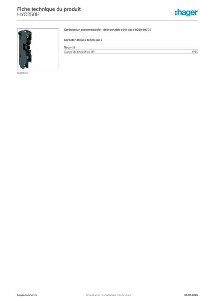 Image Hager Fiche technique du produit HYC250H | Hager Afrique