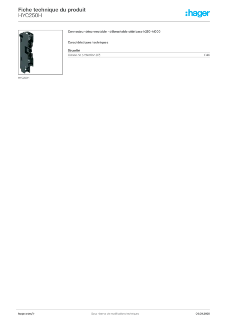 Image Hager Fiche technique du produit HYC250H | Hager France