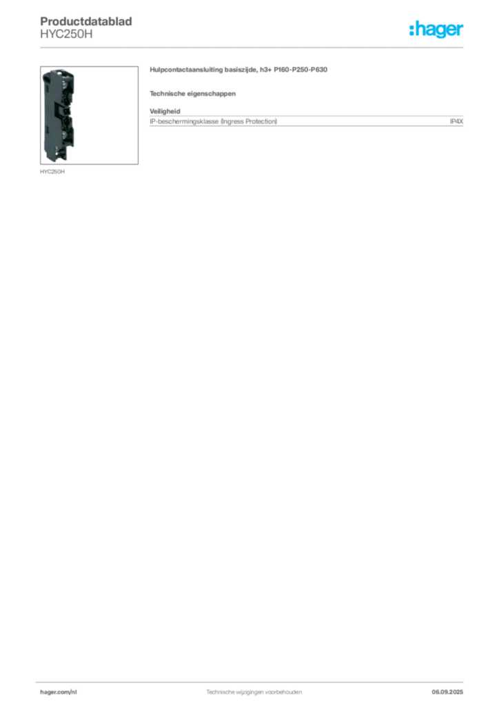 Afbeelding Hager Productdatablad HYC250H | Hager Nederland