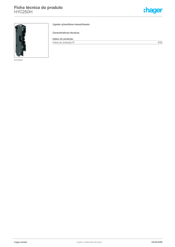 Imagem Hager Ficha técnica do produto HYC250H | Hager Portugal
