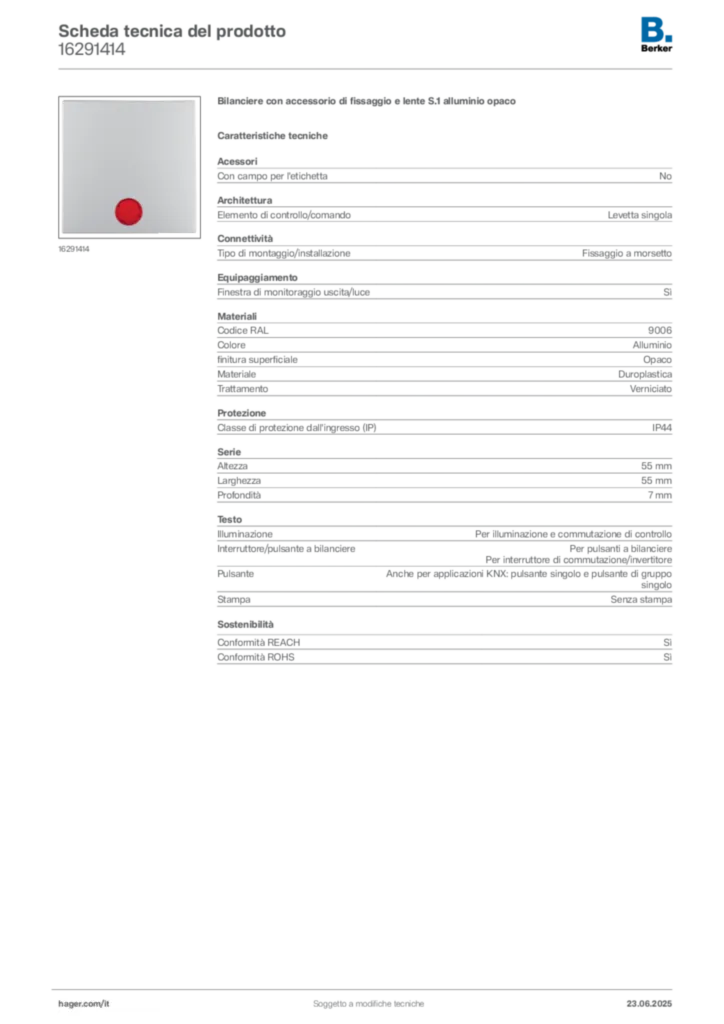 Immagine Berker Scheda tecnica del prodotto 16291414 | Hager Italia