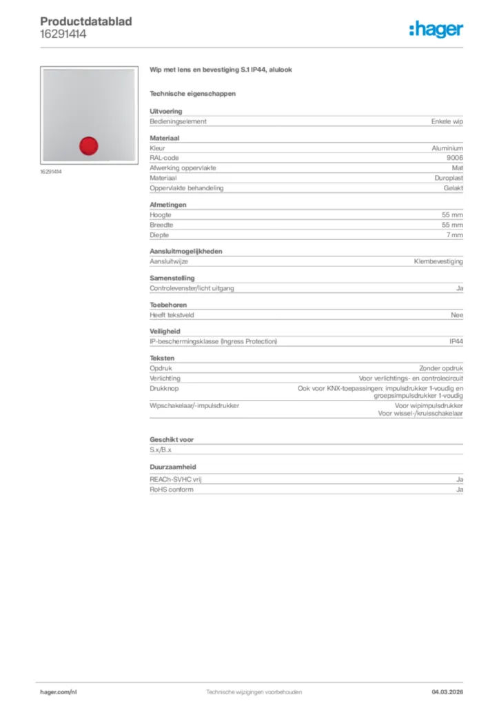 Afbeelding Hager Productdatablad 16291414 | Hager Nederland