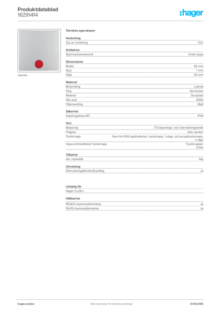 Bild Hager Produktdatablad 16291414 | Hager Sverige
