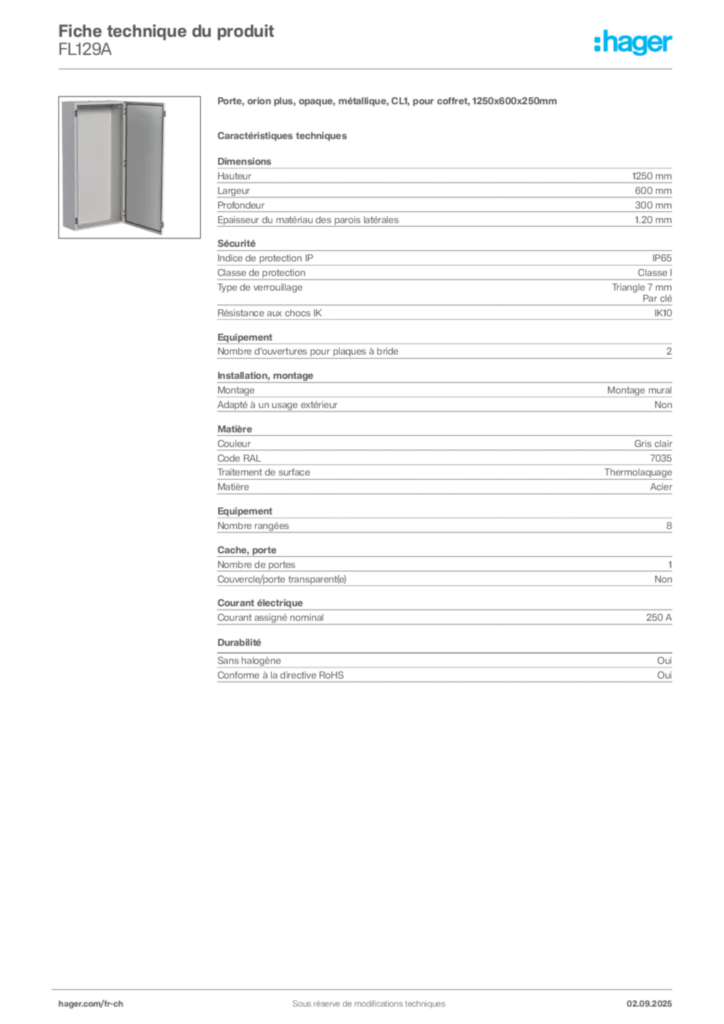 Image Hager Fiche technique du produit FL129A | Hager Suisse