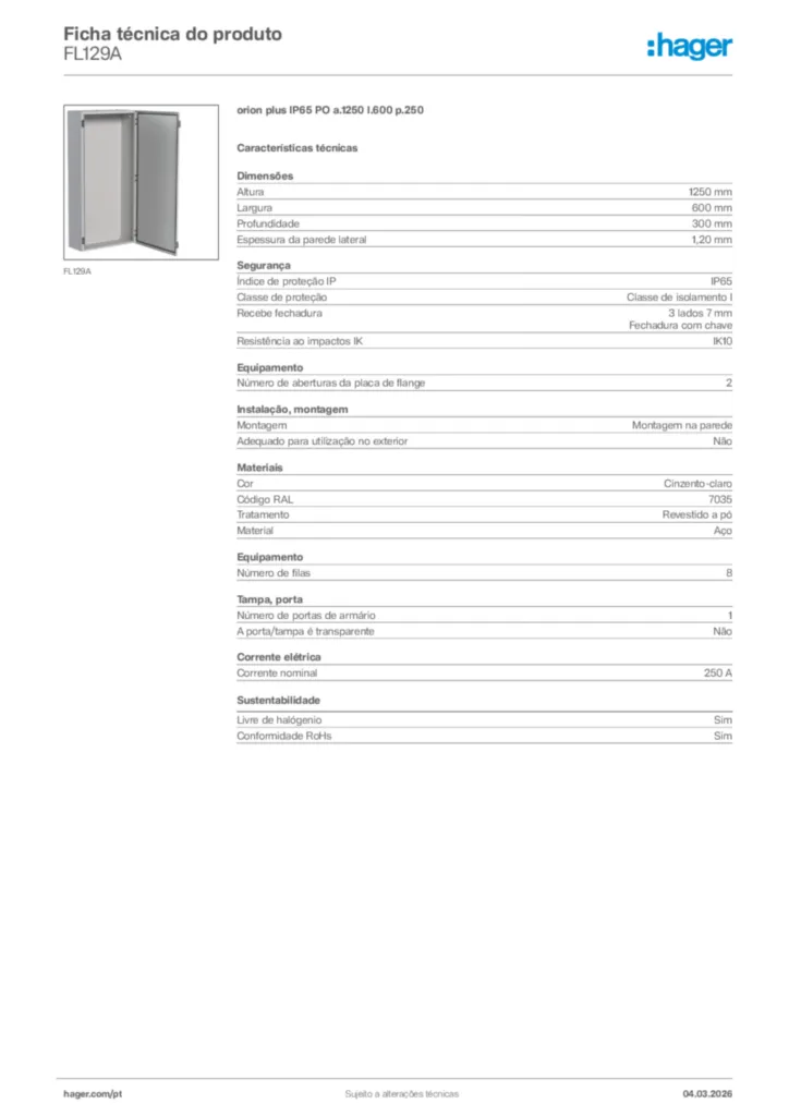Imagem Hager Ficha técnica do produto FL129A | Hager Portugal