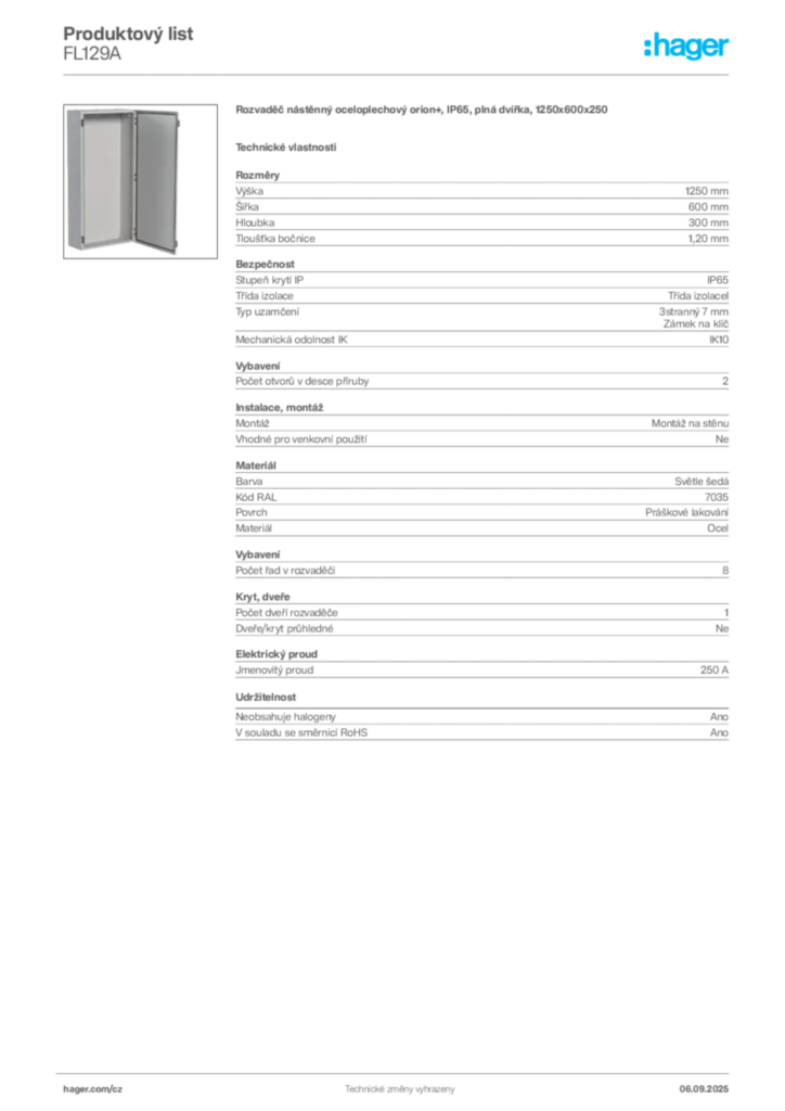 Obrázek Hager Produktový list FL129A | Hager