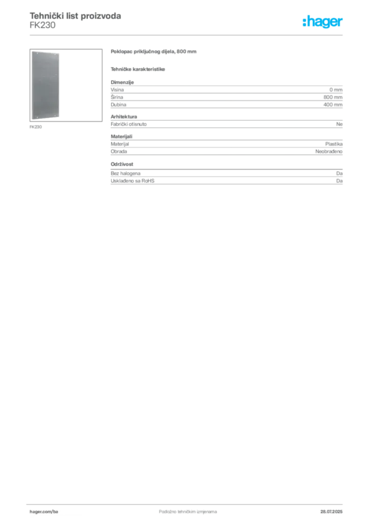 Slika Hager Product data sheet FK230  | Hager