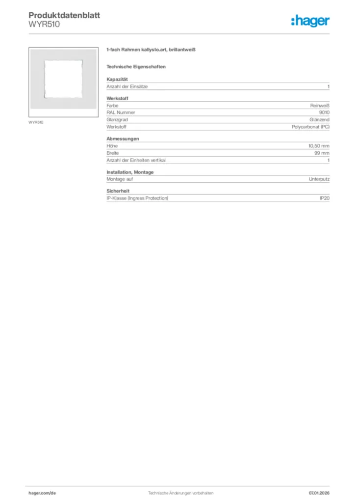 Bild Hager Produktdatenblatt WYR510 | Hager Deutschland