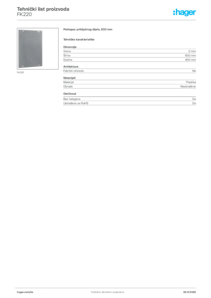Slika Hager Product data sheet FK220  | Hager