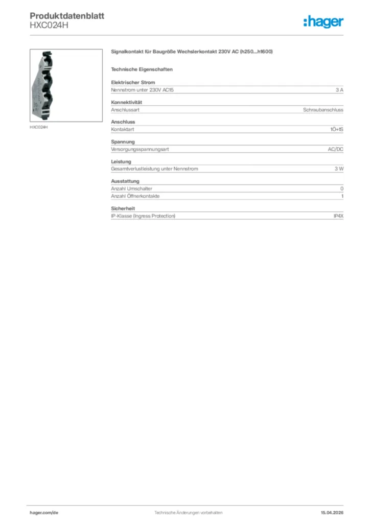 Bild Hager Produktdatenblatt HXC024H | Hager Deutschland