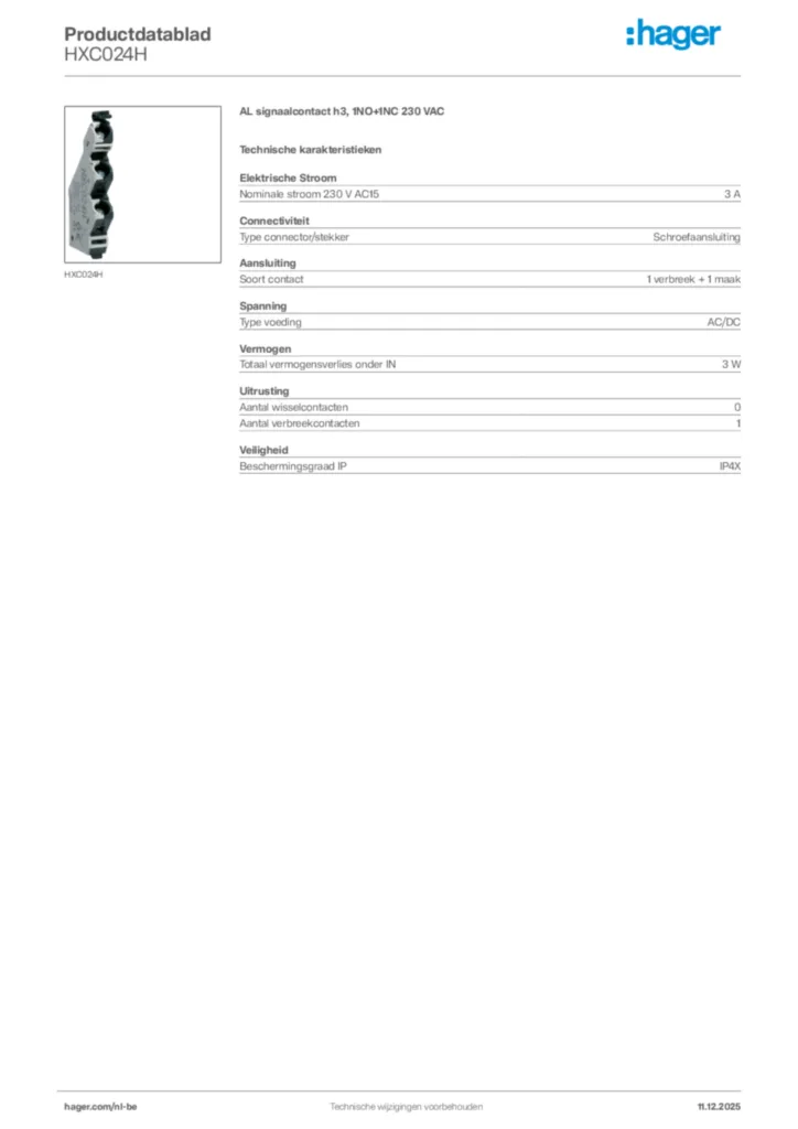 Afbeelding Hager Productdatablad HXC024H | Hager Belgium
