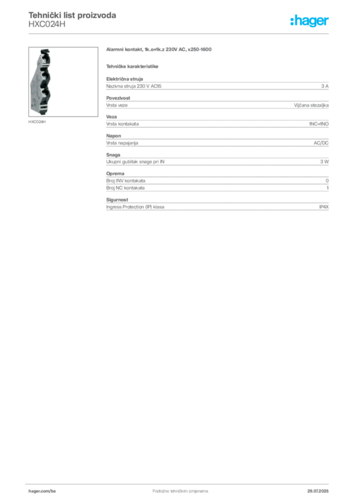 Slika Hager Product data sheet HXC024H  | Hager