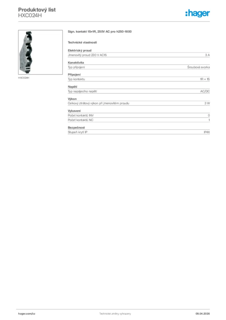 Obrázek Hager Product data sheet HXC024H | Hager