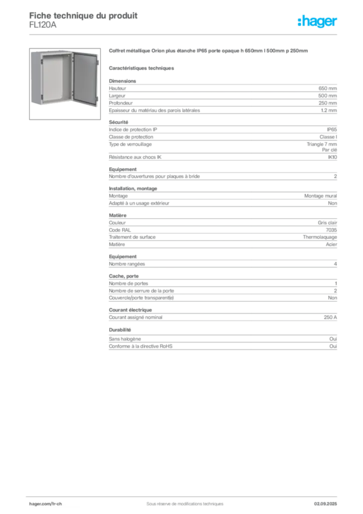 Image Hager Fiche technique du produit FL120A | Hager Suisse