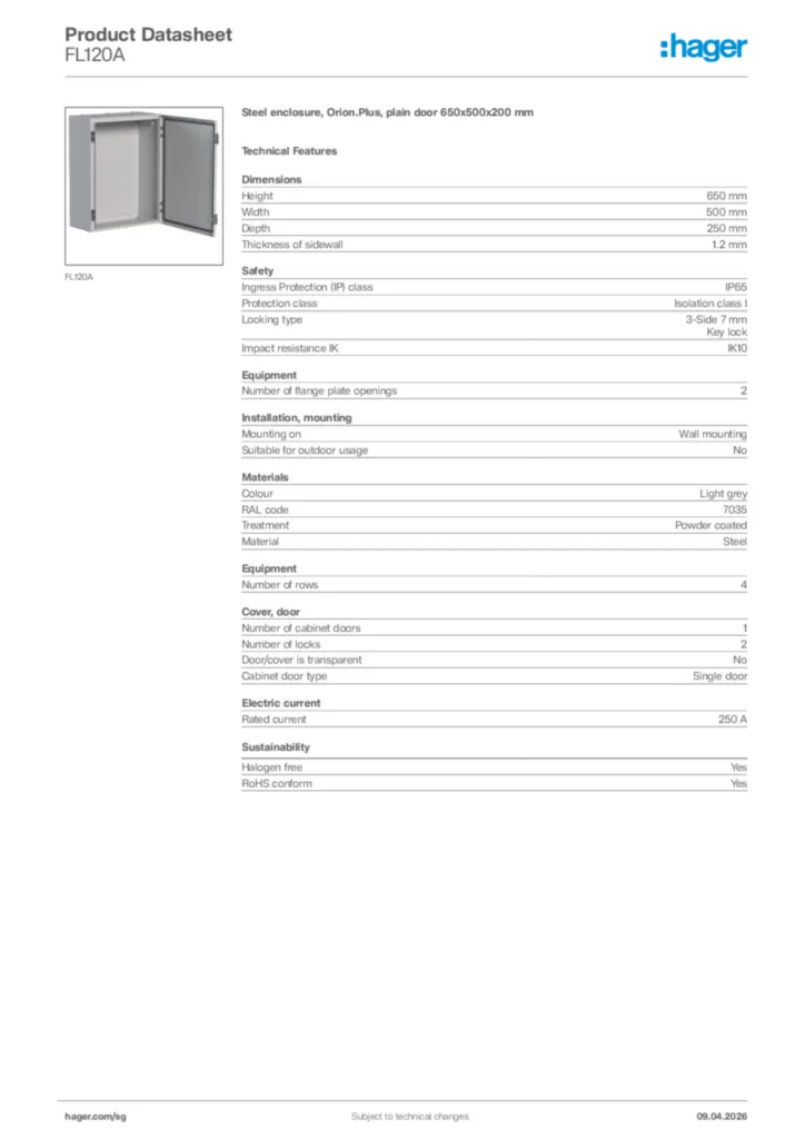 Image Hager Product data sheet FL120A  | Hager