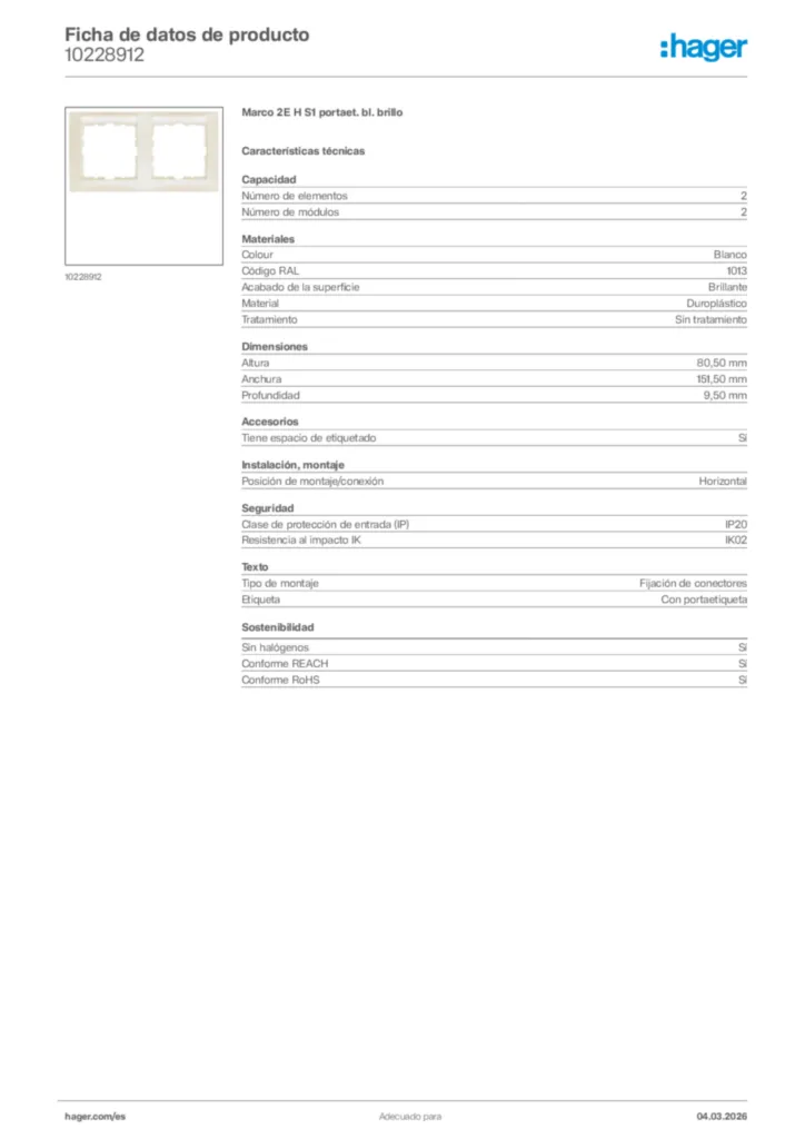 Imagen Hager Ficha de datos de producto 10228912 | Hager España
